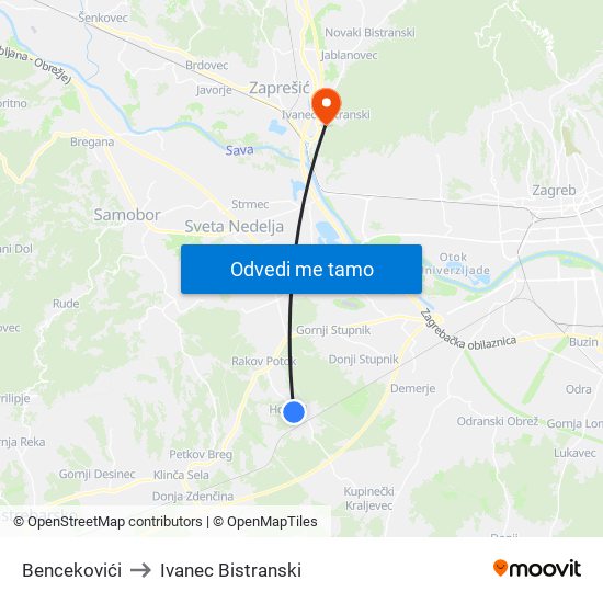 Bencekovići to Ivanec Bistranski map