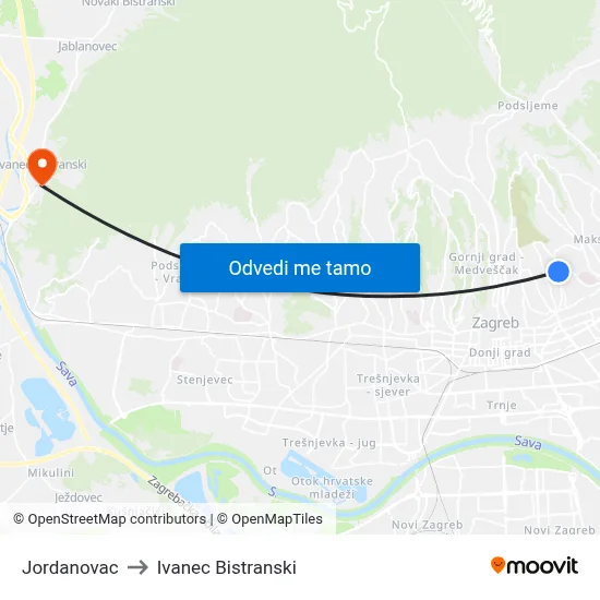 Jordanovac to Ivanec Bistranski map