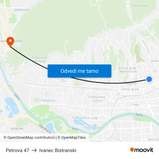 Petrova 47 to Ivanec Bistranski map