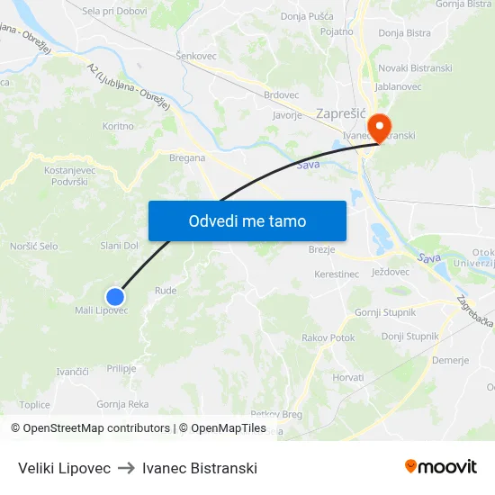 Veliki Lipovec to Ivanec Bistranski map