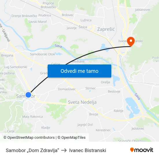 Samobor „Dom Zdravlja“ to Ivanec Bistranski map