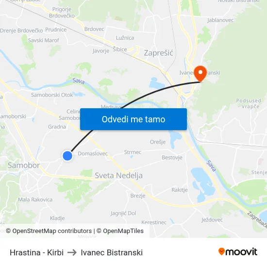 Hrastina - Kirbi to Ivanec Bistranski map