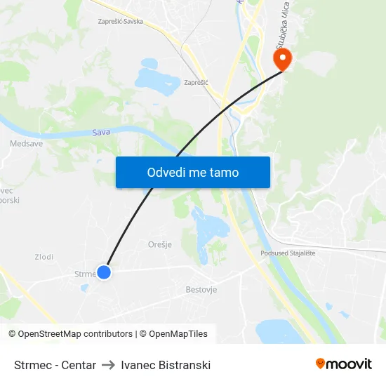 Strmec - Centar to Ivanec Bistranski map