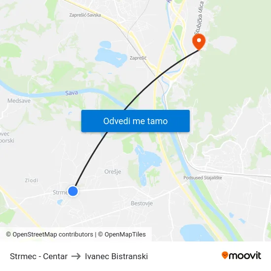 Strmec - Centar to Ivanec Bistranski map