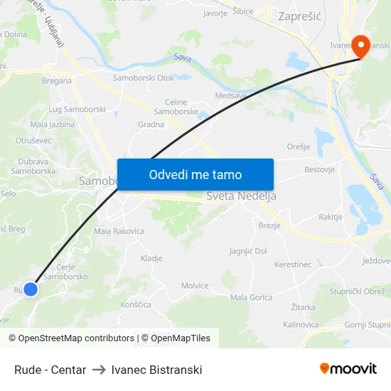 Rude - Centar to Ivanec Bistranski map