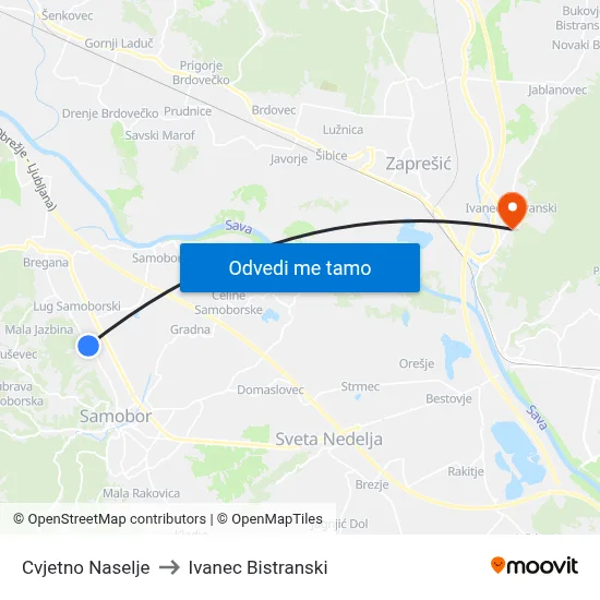 Cvjetno Naselje to Ivanec Bistranski map