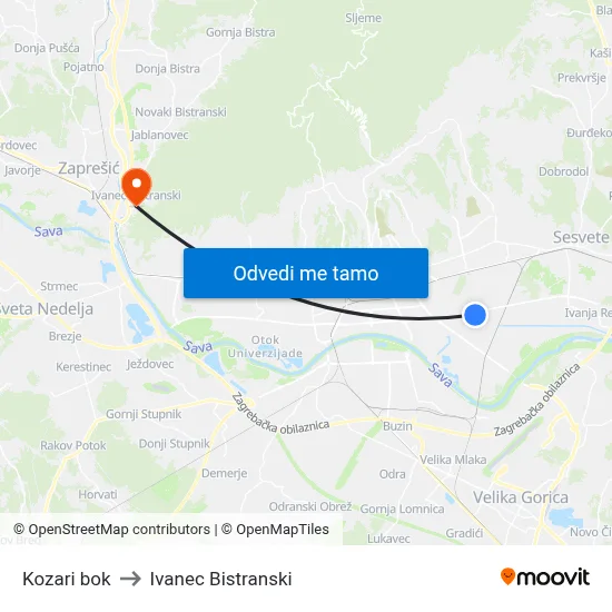 Kozari bok to Ivanec Bistranski map