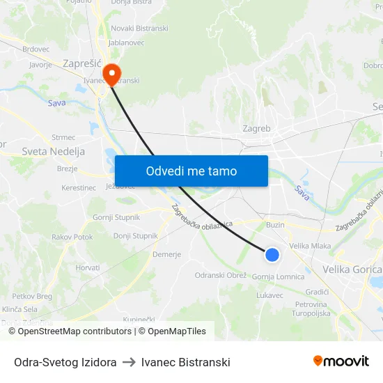 Odra-Svetog Izidora to Ivanec Bistranski map