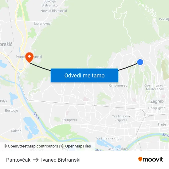 Pantovčak to Ivanec Bistranski map