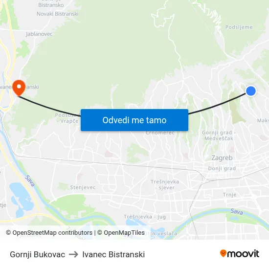 Gornji Bukovac to Ivanec Bistranski map
