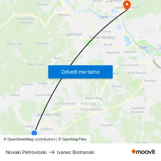 Novaki Petrovinski to Ivanec Bistranski map