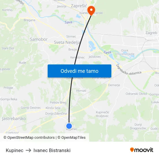 Kupinec to Ivanec Bistranski map