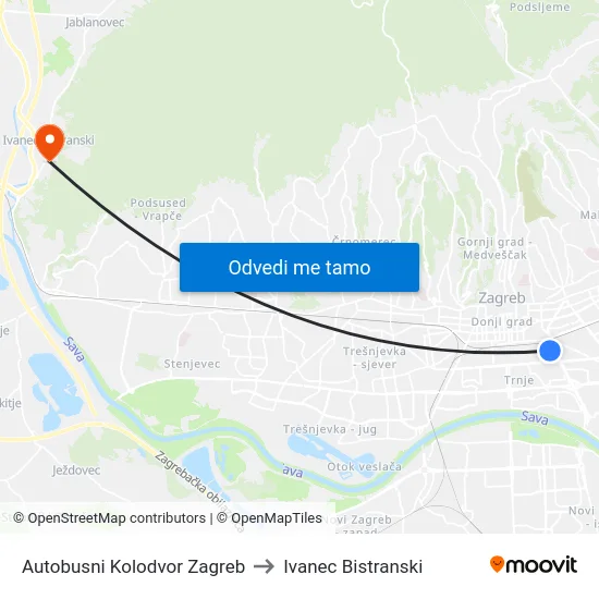 Autobusni Kolodvor Zagreb to Ivanec Bistranski map