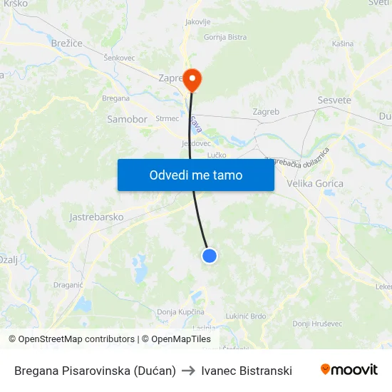 Bregana Pisarovinska (Dućan) to Ivanec Bistranski map