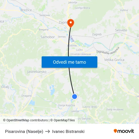 Pisarovina (Naselje) to Ivanec Bistranski map