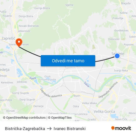 Bistrička-Zagrebačka to Ivanec Bistranski map