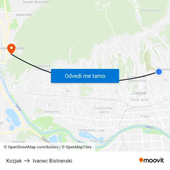 Kozjak to Ivanec Bistranski map