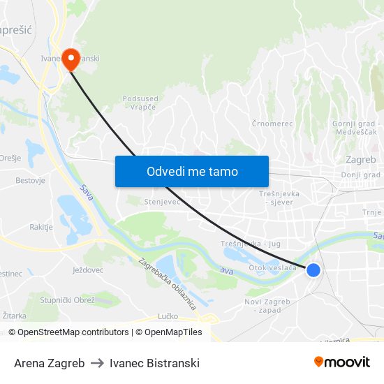Arena Zagreb to Ivanec Bistranski map
