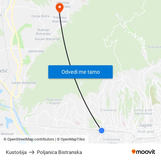 Kustošija to Poljanica Bistranska map