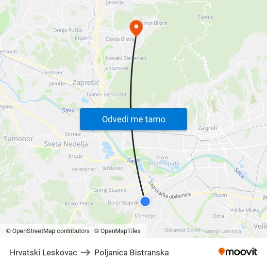 Hrvatski Leskovac to Poljanica Bistranska map