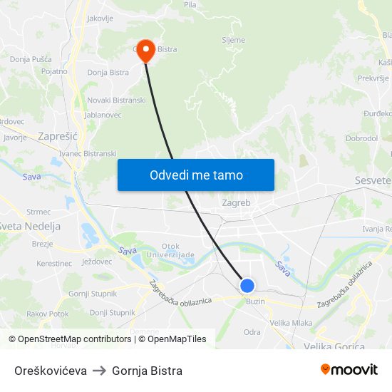 Oreškovićeva to Gornja Bistra map