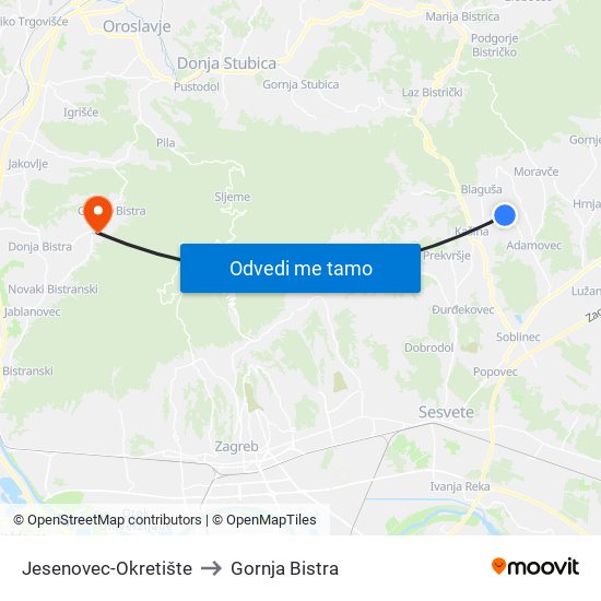 Jesenovec-Okretište to Gornja Bistra map