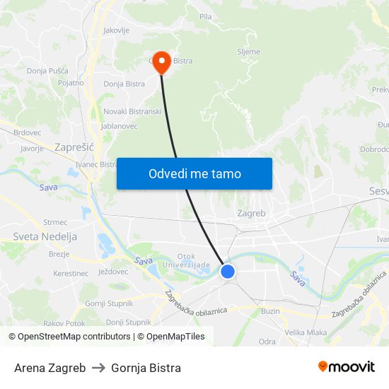 Arena Zagreb to Gornja Bistra map