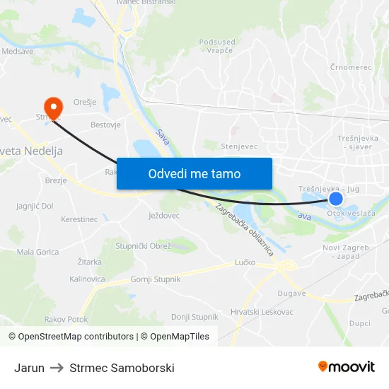 Jarun to Strmec Samoborski map