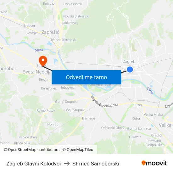 Zagreb Glavni Kolodvor to Strmec Samoborski map