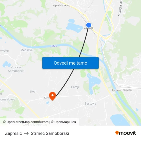 Zaprešić to Strmec Samoborski map