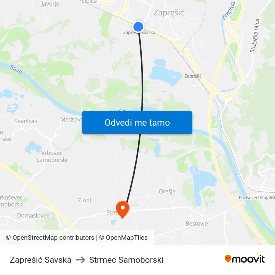 Zaprešić Savska to Strmec Samoborski map
