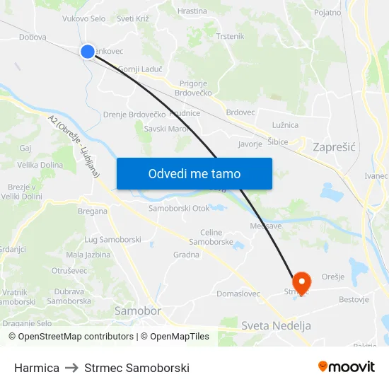 Harmica to Strmec Samoborski map