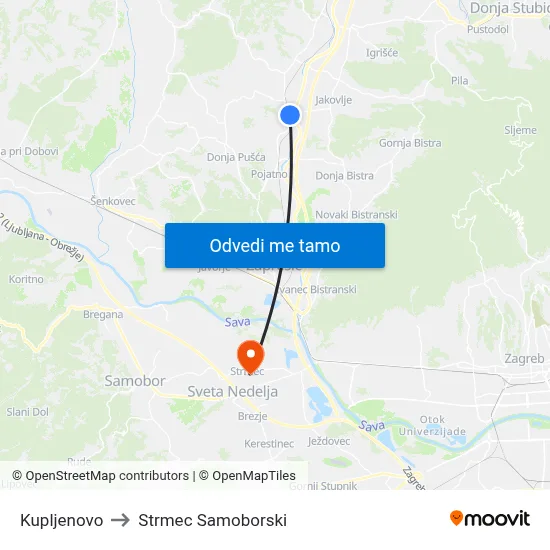 Kupljenovo to Strmec Samoborski map