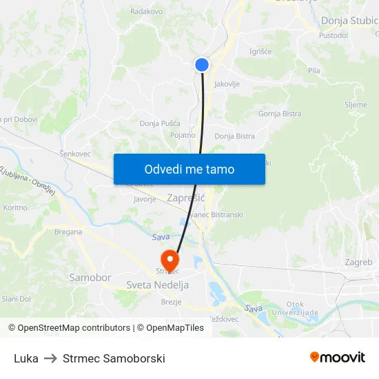 Luka to Strmec Samoborski map