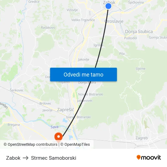 Zabok to Strmec Samoborski map