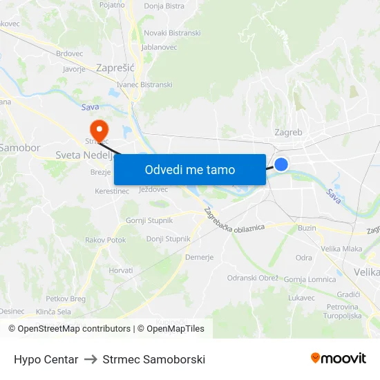 Hypo Centar to Strmec Samoborski map