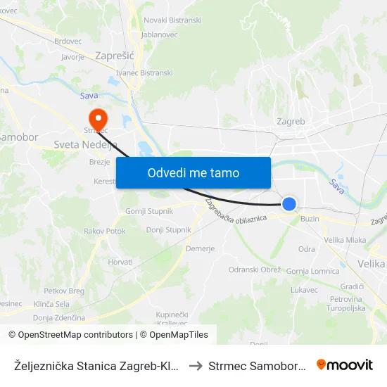 Željeznička Stanica Zagreb-Klara to Strmec Samoborski map