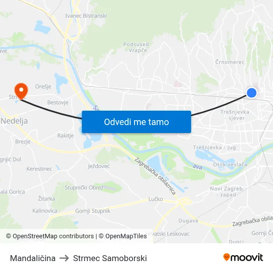 Mandaličina to Strmec Samoborski map