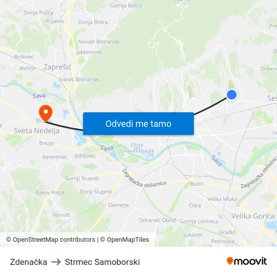 Zdenačka to Strmec Samoborski map
