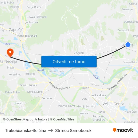 Trakoščanska-Selčina to Strmec Samoborski map
