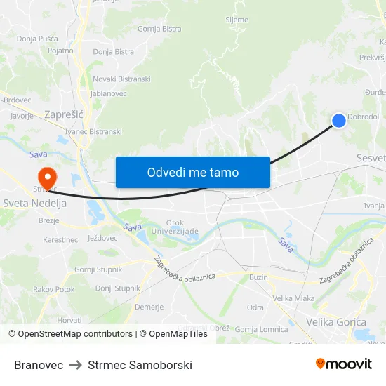 Branovec to Strmec Samoborski map