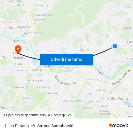 Ulica Platana to Strmec Samoborski map