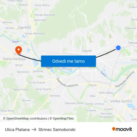 Ulica Platana to Strmec Samoborski map