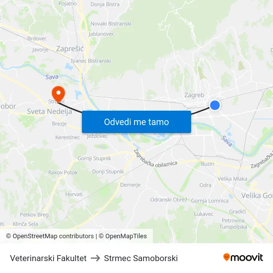 Veterinarski Fakultet to Strmec Samoborski map