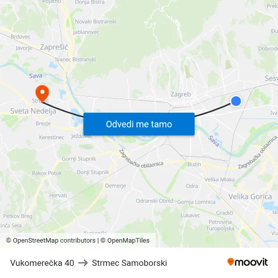 Vukomerečka 40 to Strmec Samoborski map
