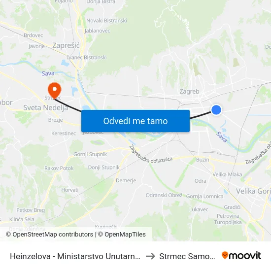 Heinzelova - Ministarstvo Unutarnjih Poslova to Strmec Samoborski map