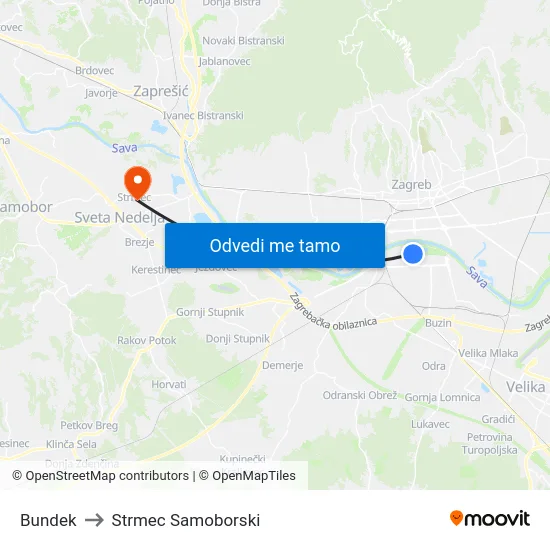 Bundek to Strmec Samoborski map