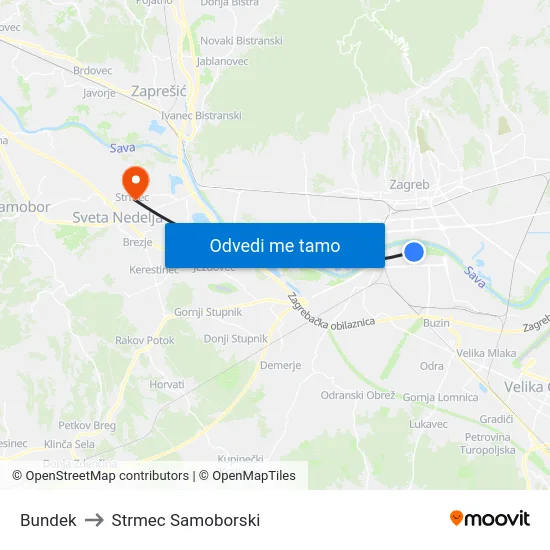 Bundek to Strmec Samoborski map
