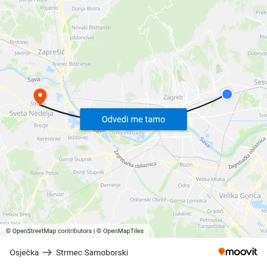 Osječka to Strmec Samoborski map