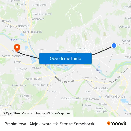 Branimirova - Aleja Javora to Strmec Samoborski map